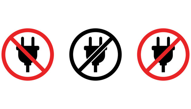 No Plug Prohibition Sign Vector Set Featuring Black Power Cord Silhouette Crossed Out Inside Red and Black Ban Circles