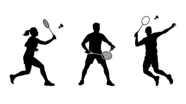 Athletes playing badminton in various dynamic action poses.