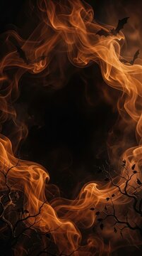 Vertical spooky autumn background with orange mist frame, bare branches, flying bats, and copy space for mobile