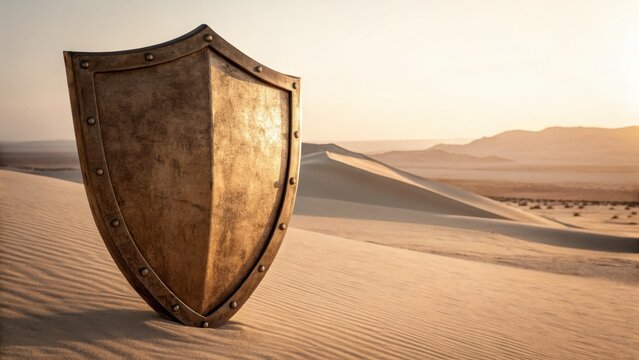 Antique Bronze Shield in Desert Landscape at Sunset