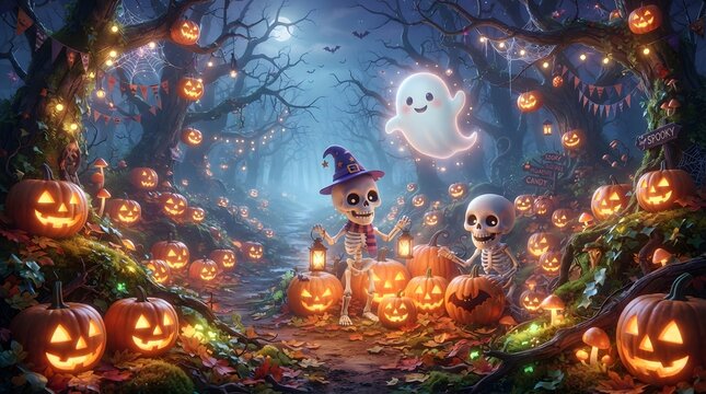 Cute skeletons and ghost in a spooky pumpkin forest at halloween night