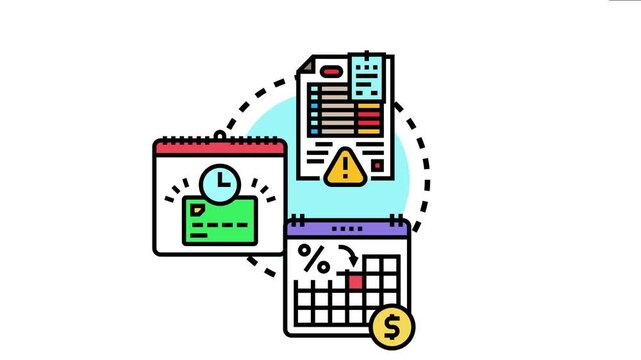 Financial concept accounts owed with a payment notice, due date calendar, and overdue payment incurring interest, emphasizing financial obligation and credit management