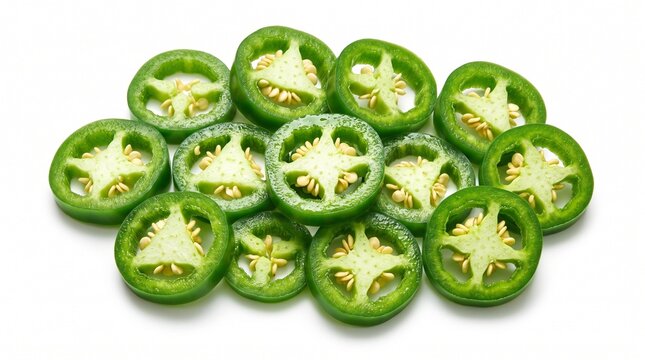 Fresh jalape&ntilde;o slices on white background. Green chili pepper rings with seeds. Spicy vegetable rounds for cooking and food design.
