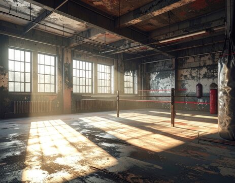 An abandoned boxing gym with natural light streaming through the windows.