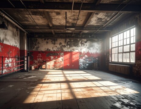 An abandoned boxing gym with a ring and large windows.