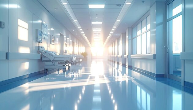 A sterile hospital corridor bathed in bright sunlight, with an empty gurney waiting.