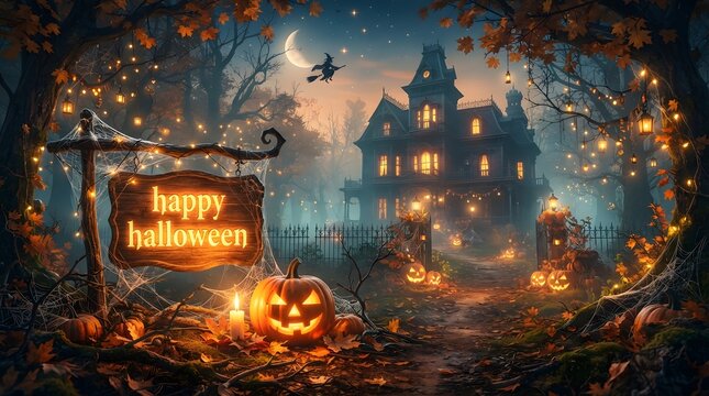 Spooky haunted house at night with glowing pumpkins and halloween sign