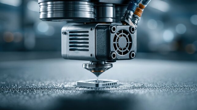 Close-up of advanced robotic arm 3D printing a complex component with precision in a modern manufacturing facility