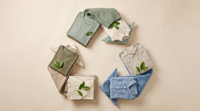 Recycled clothing apparel, with fresh green leaves arrangement, forming circular recycling symbol, on neutral beige background, sustainable fashion concept