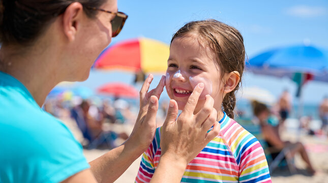 Mother and little girl, with white sunscreen lotion on cheeks, applying UV protection cream, at sunny crowded ocean beach, healthcare travel photography