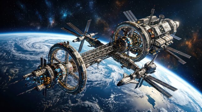 Space station orbiting earth science fiction concept art