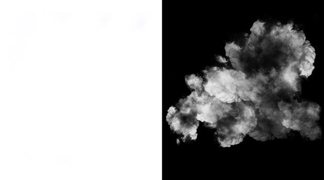 Atmospheric white smoke explosion on black background, thick steam cloud texture, realistic fog and mist overlay for design