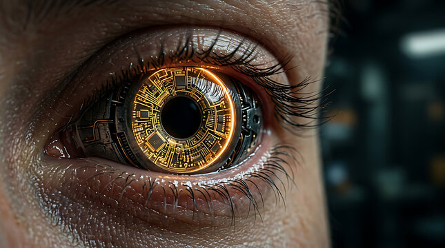 Human eye with integrated circuitry and glowing orange illumination close up photograph