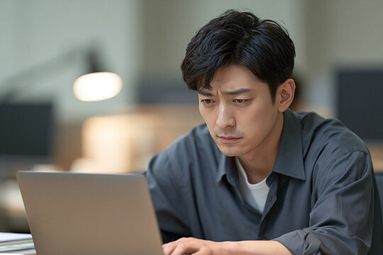 寝不足でパソコン作業をする日本人男性