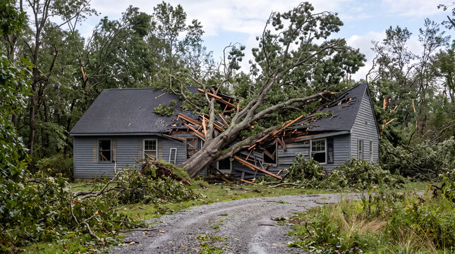 A fallen tree crushes a suburban house roof on a residential street after a severe hurricane, natural disaster storm damage, property insurance claim, emergency repair concept.