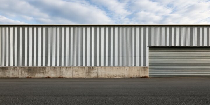 Exterior of a large, modern industrial warehouse building with corrugated metal siding and a large roll-up door under a cloudy sky