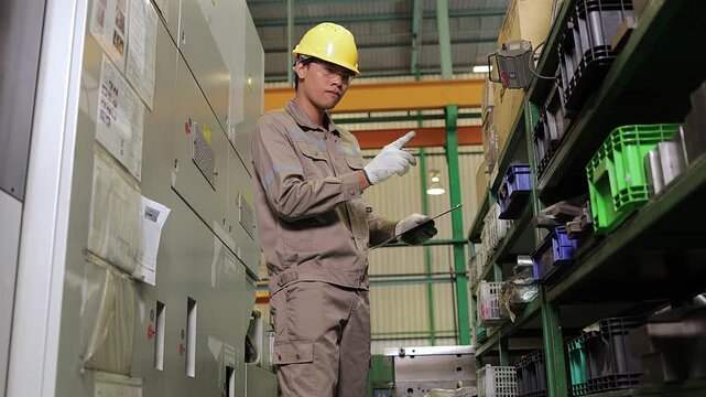 A young Asian factory worker wearing a yellow hard hat and gloves checks an inventory list on his clipboard while standing next to spare parts shelves in a warehouse.