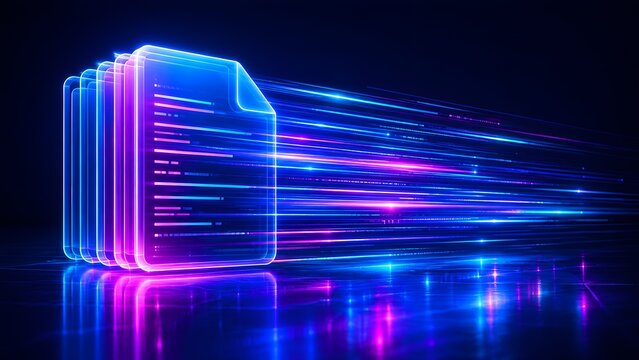 Captivating visual of seamless digital document management and rapid data transfer, showcasing futuristic glowing files and high-speed information flow.