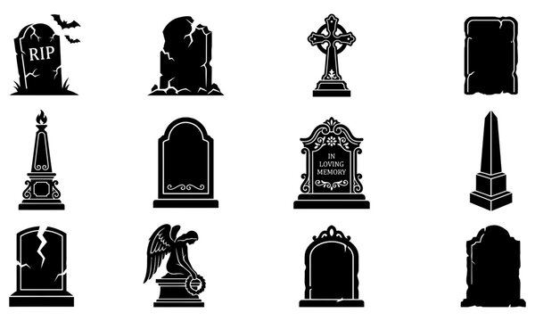 Black graveyard icons with various tombstones and crosses