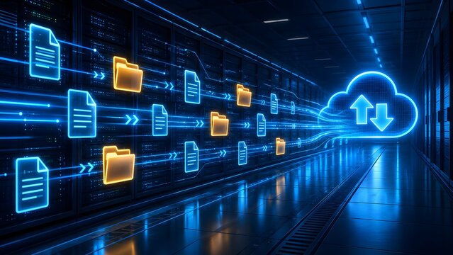 High-speed data transfer within a secure server environment, illustrating digital documents and folders moving towards centralized cloud storage infrastructure.