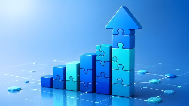 Progressive business growth and innovative solutions visualized through an ascending puzzle piece bar chart with an upward arrow on a data network.