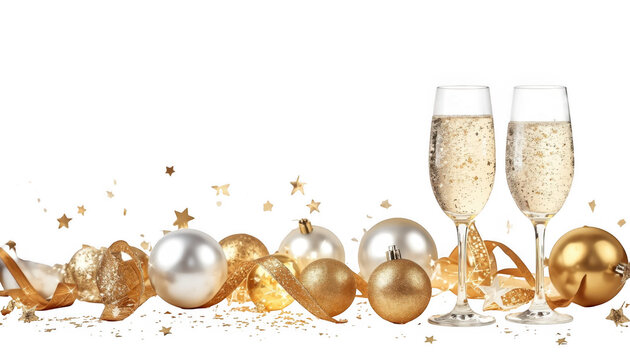 Two champagne glasses with gold and silver Christmas ornaments on white background.