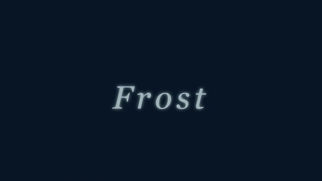 Frost text animation with glowing snowflake on dark 4k background, winter cold
