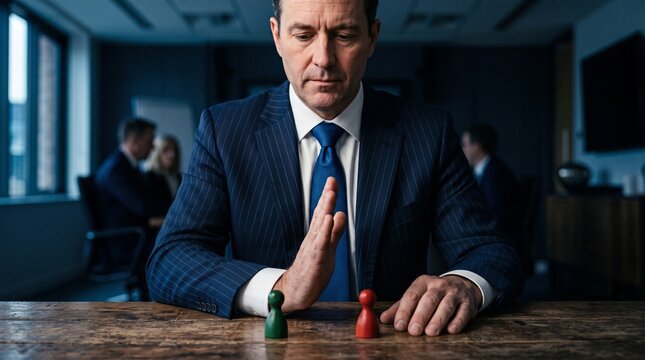 Executive Decision: A discerning businessman in a sharp suit mediates a conflict between two game pieces, symbolizing strategic decision-making in a boardroom setting.