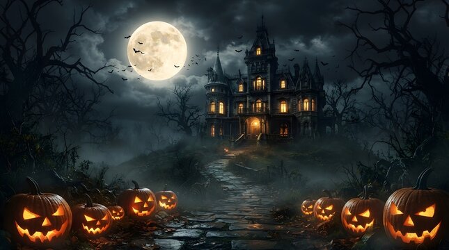 Spooky haunted house on a hill with glowing pumpkins at night
