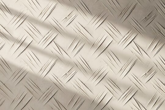 Close up view of a textured metal surface with a diagonal diamond plate pattern featuring light beige tones and soft shadows cast across it