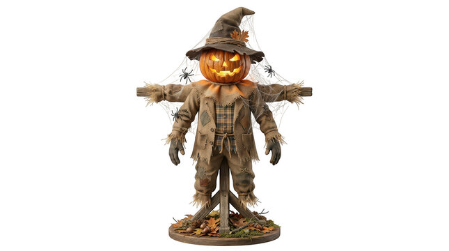 Spooky halloween scarecrow with a glowing pumpkin head isolated on transparent background
