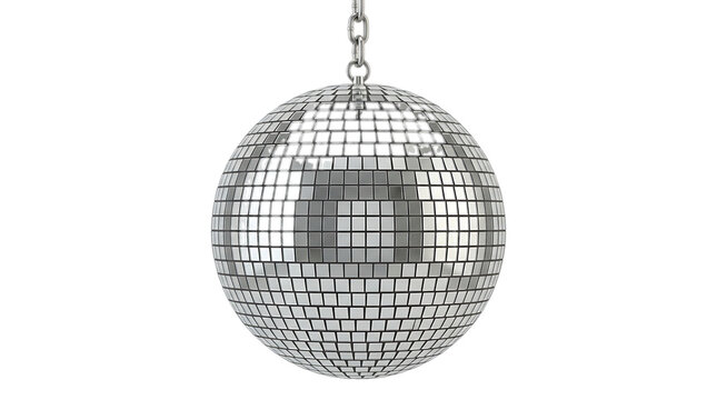 Shimmering Disco Ball: A classic disco ball, adorned with countless mirrored squares, hangs suspended, ready to illuminate any dance floor with its vibrant reflections.