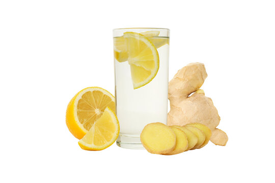 Lemon water with slices and ginger root, isolated, PNG