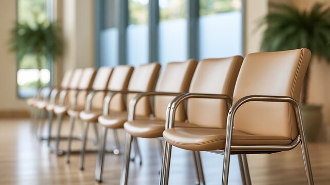 Empty row of modern tan waiting room chairs with chrome frames and blurred background
