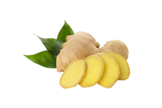 Sliced ginger root with green leaves nearby, isolated, PNG