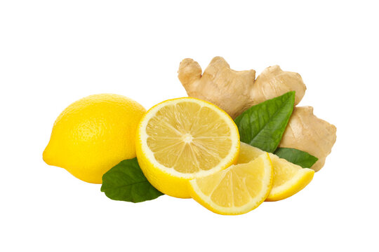 Ginger root and lemon slices with green leaves present, isolated, PNG