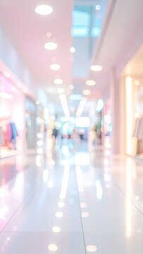 A blurred image of a brightly lit shopping mall corridor with reflections on the floor.
