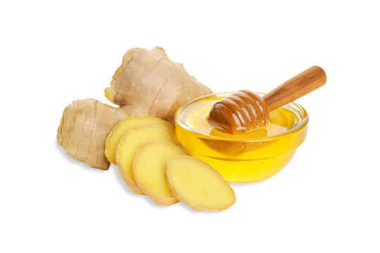 Fresh ginger roots with honey in a bowl for use, isolated, PNG