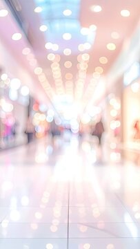 A soft focus perspective of a shopping mall interior with glowing bokeh lights.