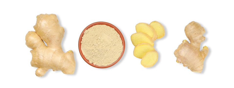 Ginger root and slices with powdered ginger, isolated, PNG