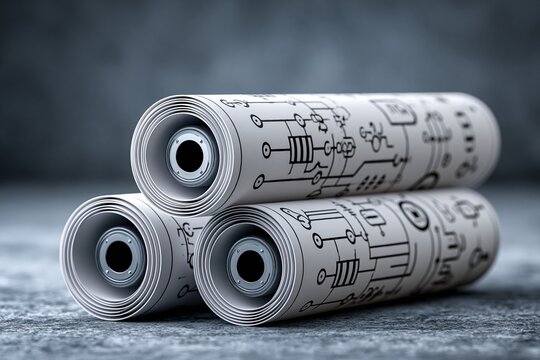 Rolled Blueprints of Electrical Schematics and Circuit Diagrams on Textured Surface