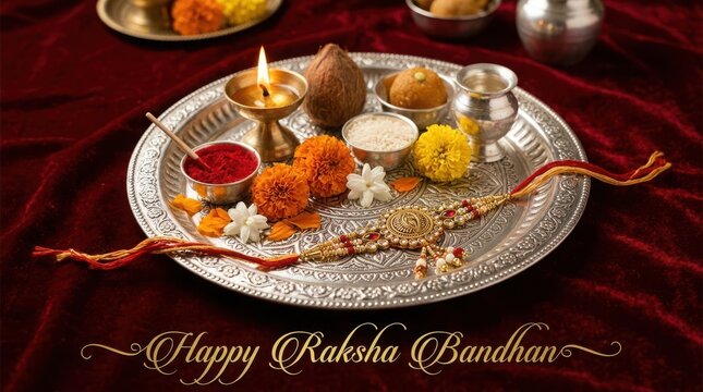 Raksha Bandhan pooja thali with rakhi, diya, sweets, and coconut on red velvet cloth, a ritual for celebrating brother-sister bond.