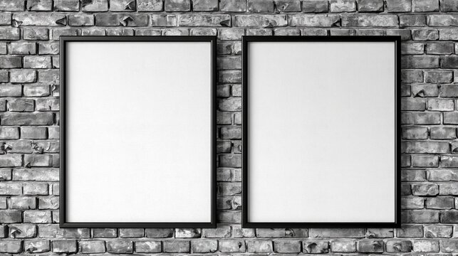 Two blank black framed posters mounted on a textured grey brick wall, ready for custom artwork or photographs