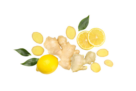 Ginger root, lemon, and leaves displayed together, isolated, PNG