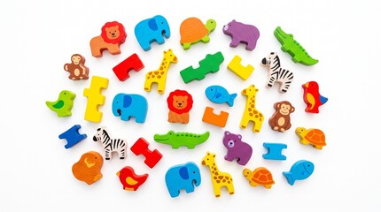 Fototapeta premium Colorful wooden animal toys collection, vibrant safari animal blocks for kids, educational wooden puzzle pieces for early learning isolated PNG with Transparent Background