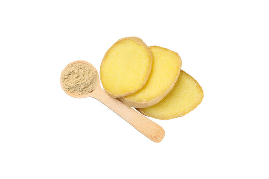 Ginger slices and powder rest by a spoon, isolated, PNG