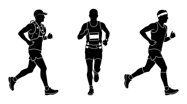 Group of marathon and trail runners in motion silhouettes.