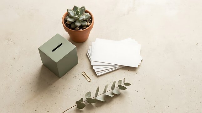 Minimalist personal finance flat lay with coin bank succulent and blank index cards on concrete