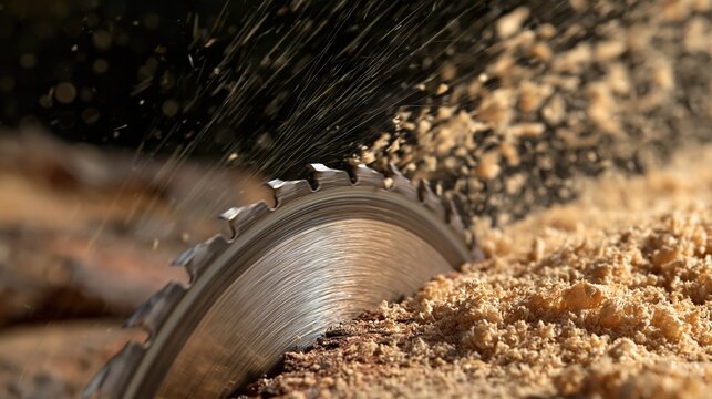 Close-up of sharp circular saw blade cutting through wood, creating sawdust spray