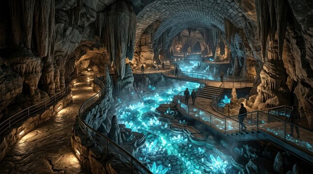 Fantasy cave river illuminated by crystals